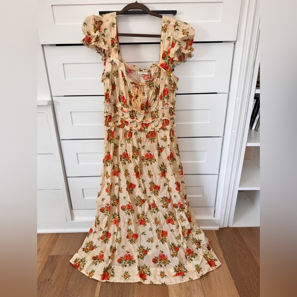 Doen Dresses & Skirts - Doen Cream Maxi Dress with Red and Green Floral Motif